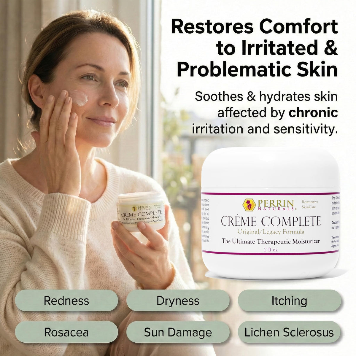 Perrin Naturals cream open with visible smooth texture for quick absorption