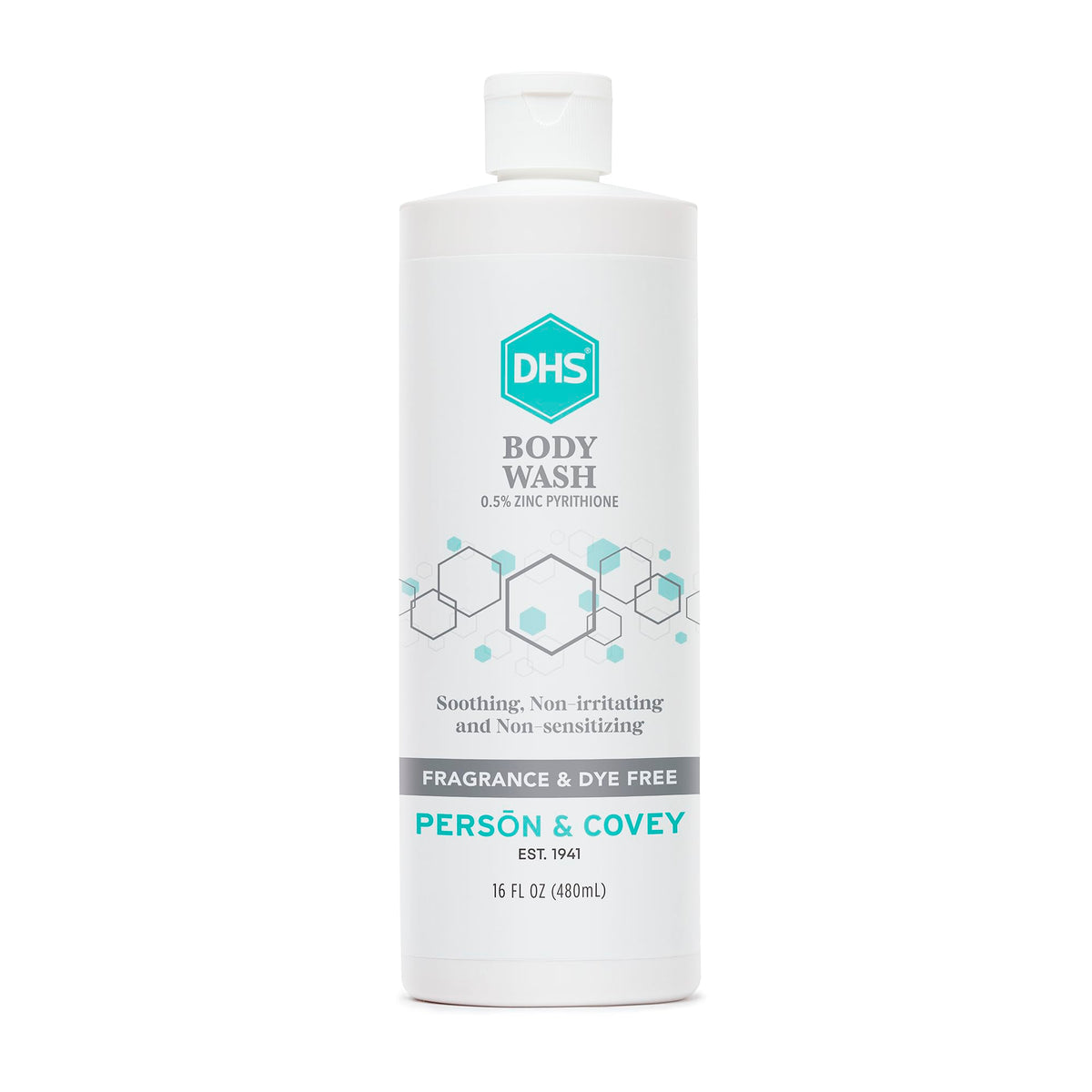 Person & Covey front bottle view showing clean unscented body wash packaging and clarity