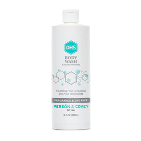 Person & Covey front bottle view showing clean unscented body wash packaging and clarity