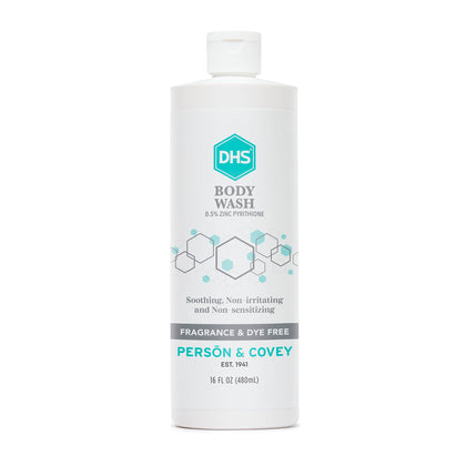 Person & Covey front bottle view showing clean unscented body wash packaging and clarity