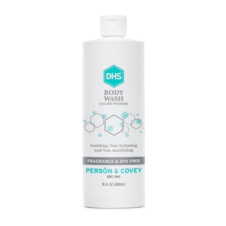 Person & Covey front bottle view showing clean unscented body wash packaging and clarity