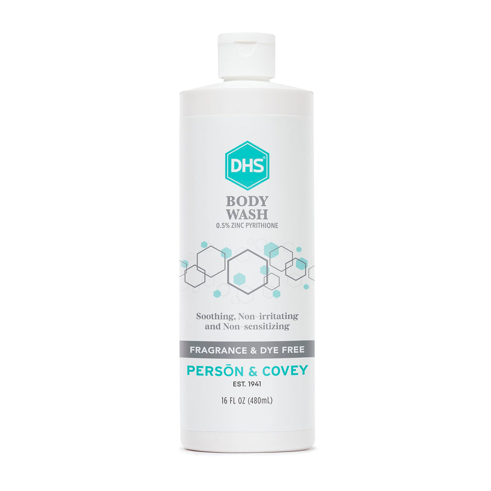 Person & Covey front bottle view showing clean unscented body wash packaging and clarity