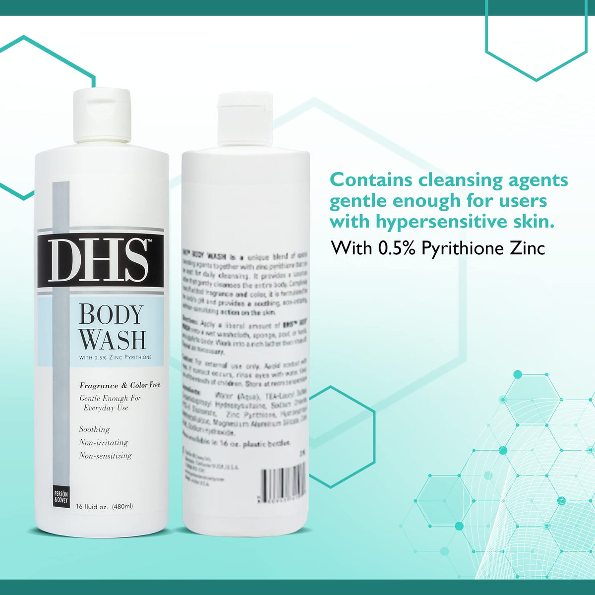 Person & Covey ingredient label close-up highlighting zinc pyrithione and simple formula