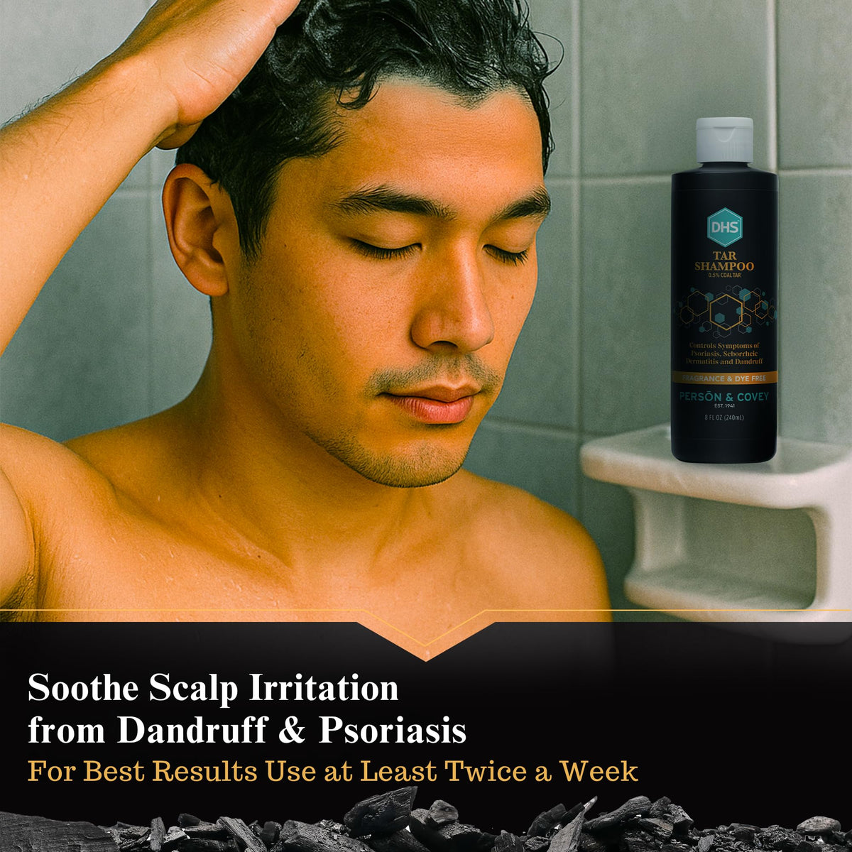Person & Covey shampoo applied to scalp showing effective residue removal