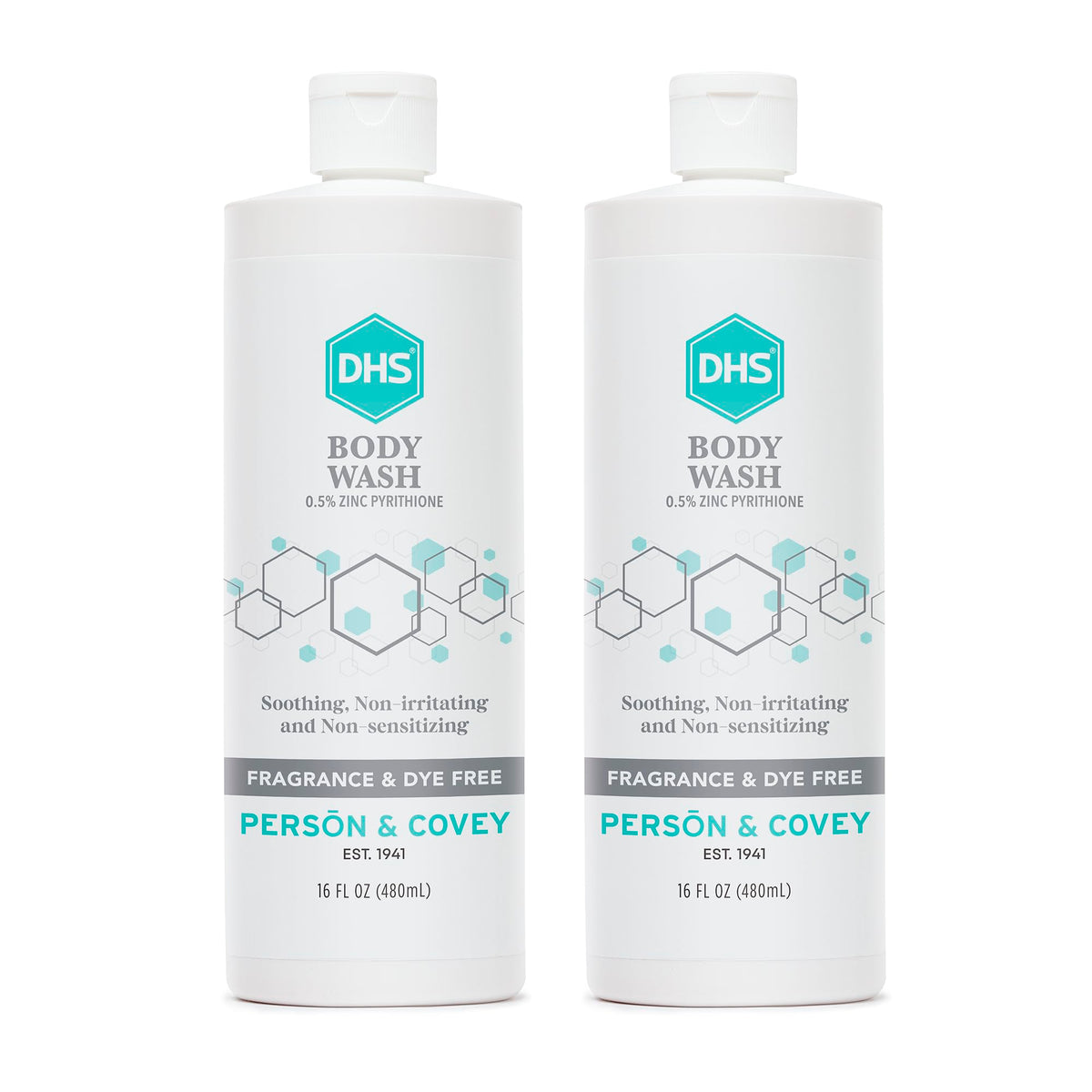 Person & Covey front packaging showing two 16 oz bottles for gentle daily cleansing