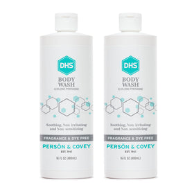 Person & Covey front packaging showing two 16 oz bottles for gentle daily cleansing