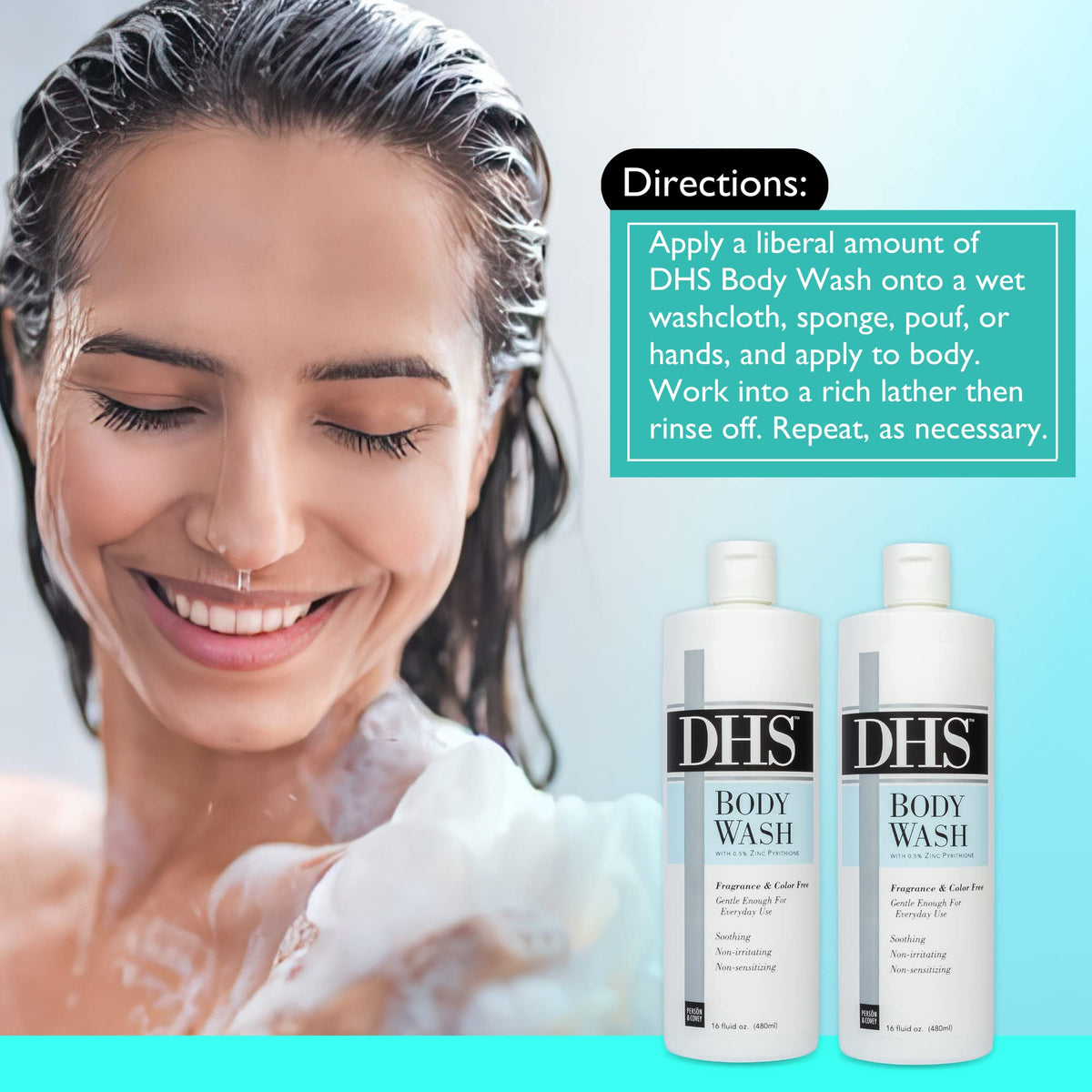 Person & Covey in-shower lifestyle shot showing soothing, fragrance-free cleansing