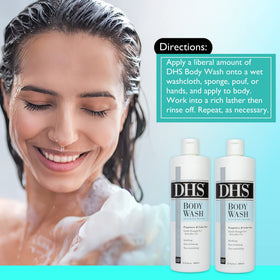 Person & Covey in-shower lifestyle shot showing soothing, fragrance-free cleansing