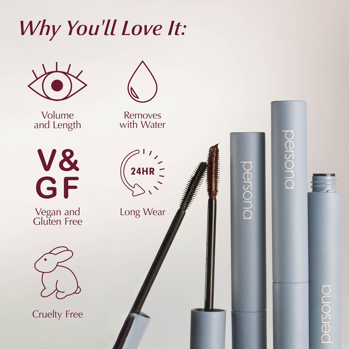 PERSONA mascara applied on eye profile demonstrating natural lifted look and separation