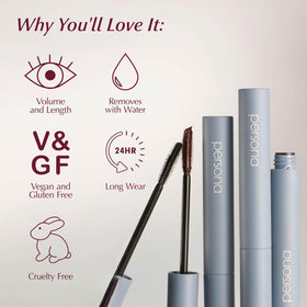 PERSONA mascara applied on eye profile demonstrating natural lifted look and separation