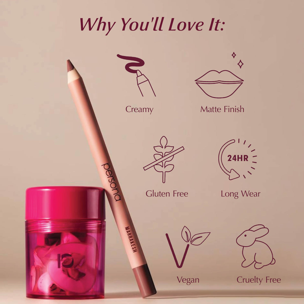 PERSONA mauve lip liner sharpened point highlighting precision application