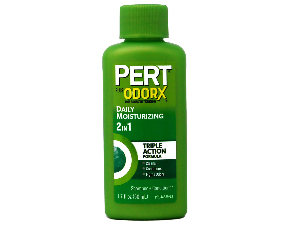 Pert Plus front pack view showing clean travel-size bottles and easy use
