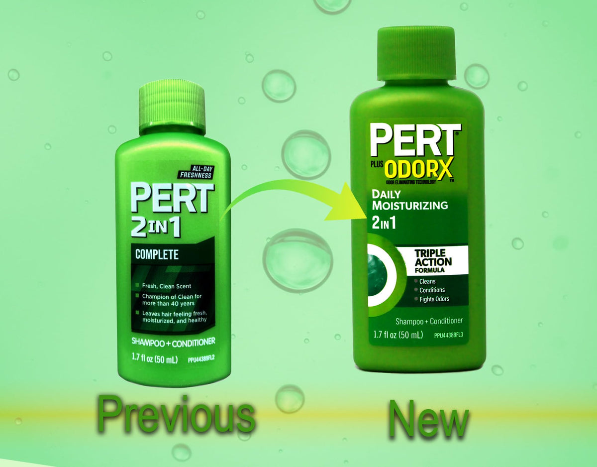 Pert Plus side label showing size and 2-in-1 convenience for guests
