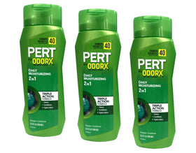 Pert Plus bottle next to a hand for scale, three-pack convenience
