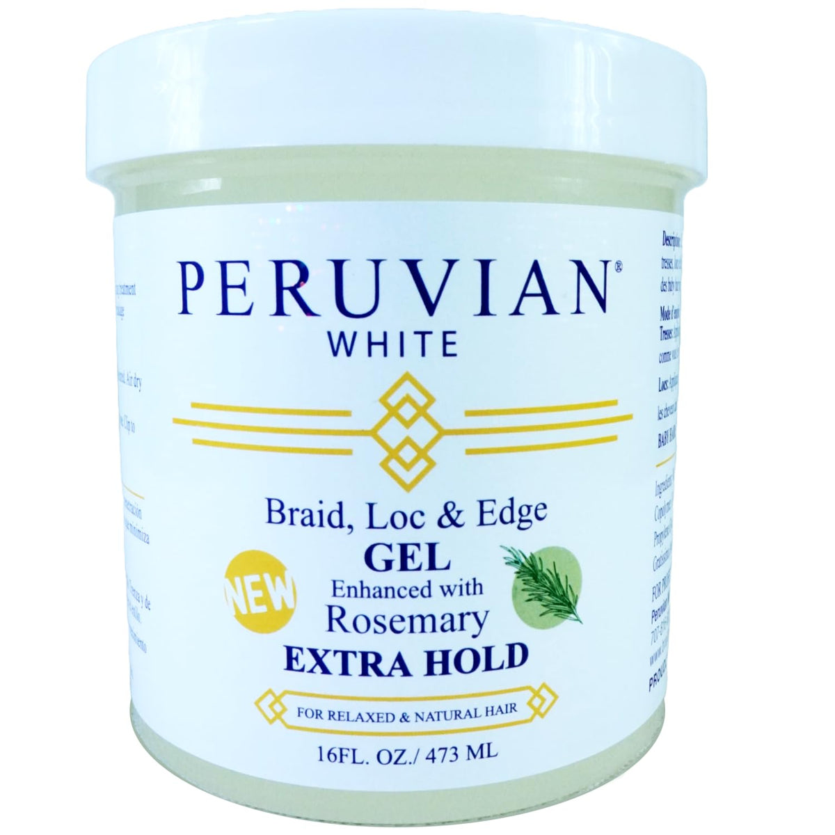 Peruvian white front label showing 16 oz tub and rosemary scent benefit