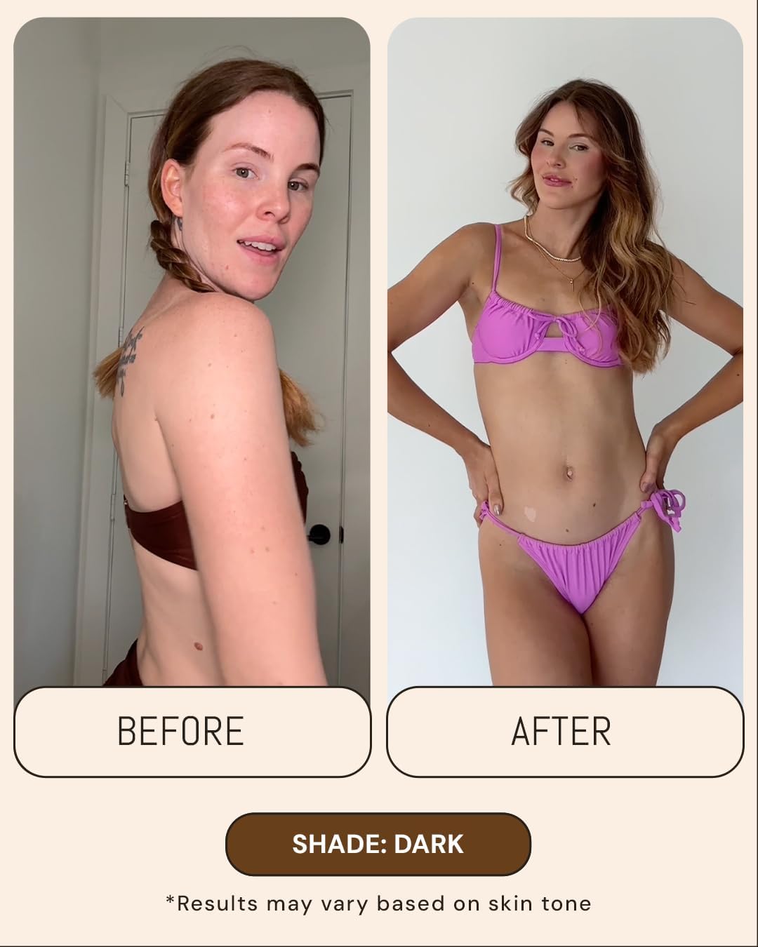 Peta Jane before and after leg comparison showing deep natural-looking tan benefits
