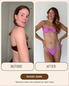 Peta Jane before and after leg comparison showing deep natural-looking tan benefits