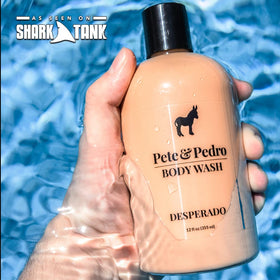 Pete & Pedro lather with loofah showing rich foam for better exfoliation