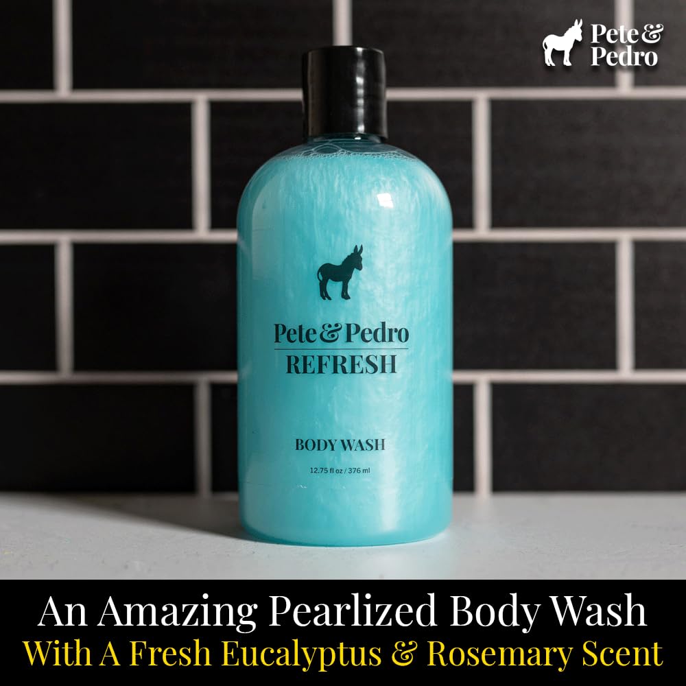 Pete & Pedro body wash being applied in shower for refreshing cleanse