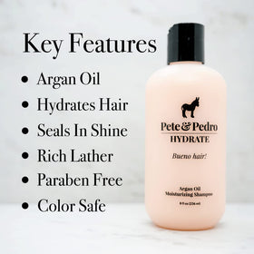 Pete & Pedro Hydrate shampoo close-up highlighting argan oil nourishment
