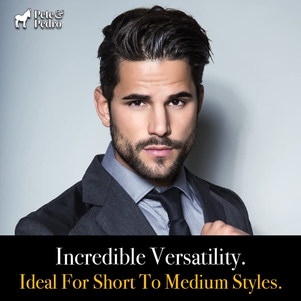 Pete & Pedro styled slicked-back hair demonstrating high-shine finish benefit