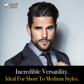 Pete & Pedro styled slicked-back hair demonstrating high-shine finish benefit