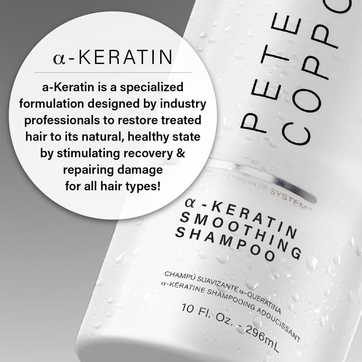 PETER COPPOLA pump and label detail highlighting ingredients and claims