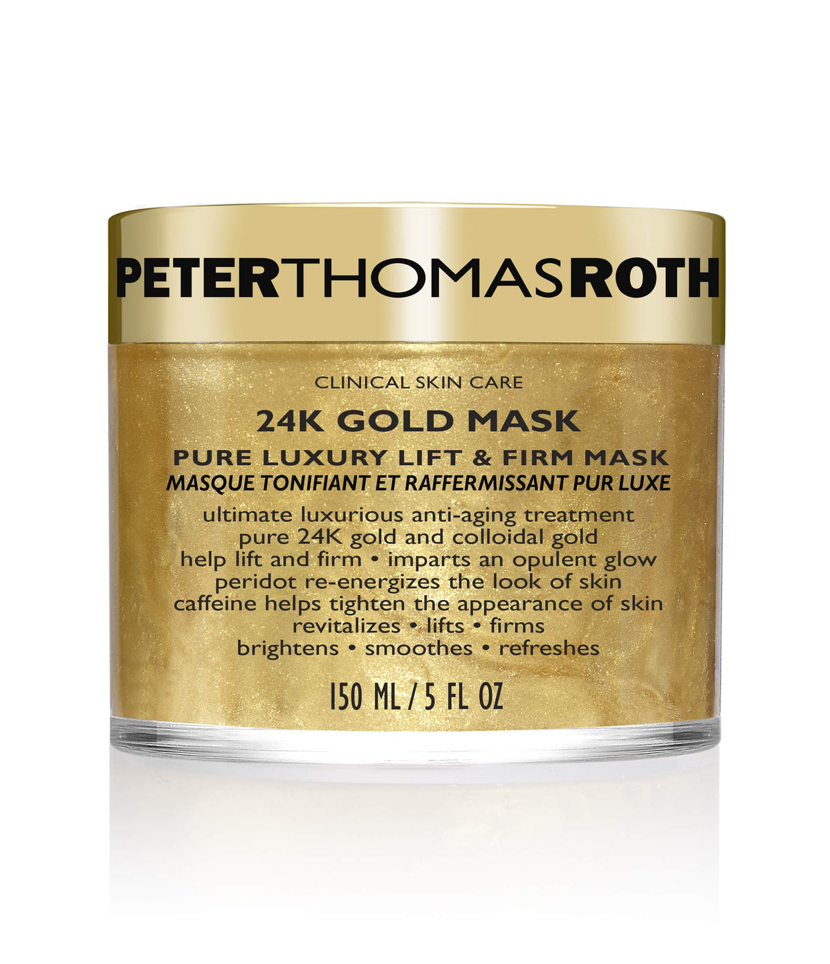 Peter Thomas Roth jar front view showing luxurious gold mask packaging and uplifted skin glow