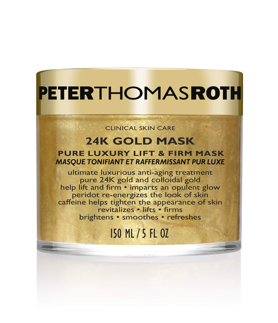 Peter Thomas Roth jar front view showing luxurious gold mask packaging and uplifted skin glow