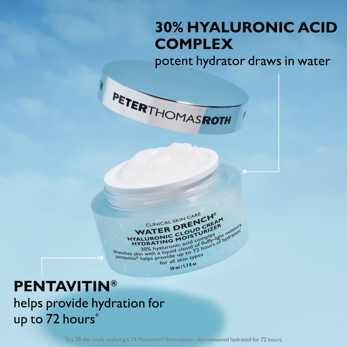 Peter Thomas Roth SPF 45 tube and moisturizer flatlay showing sun protection and lightweight hydration benefit