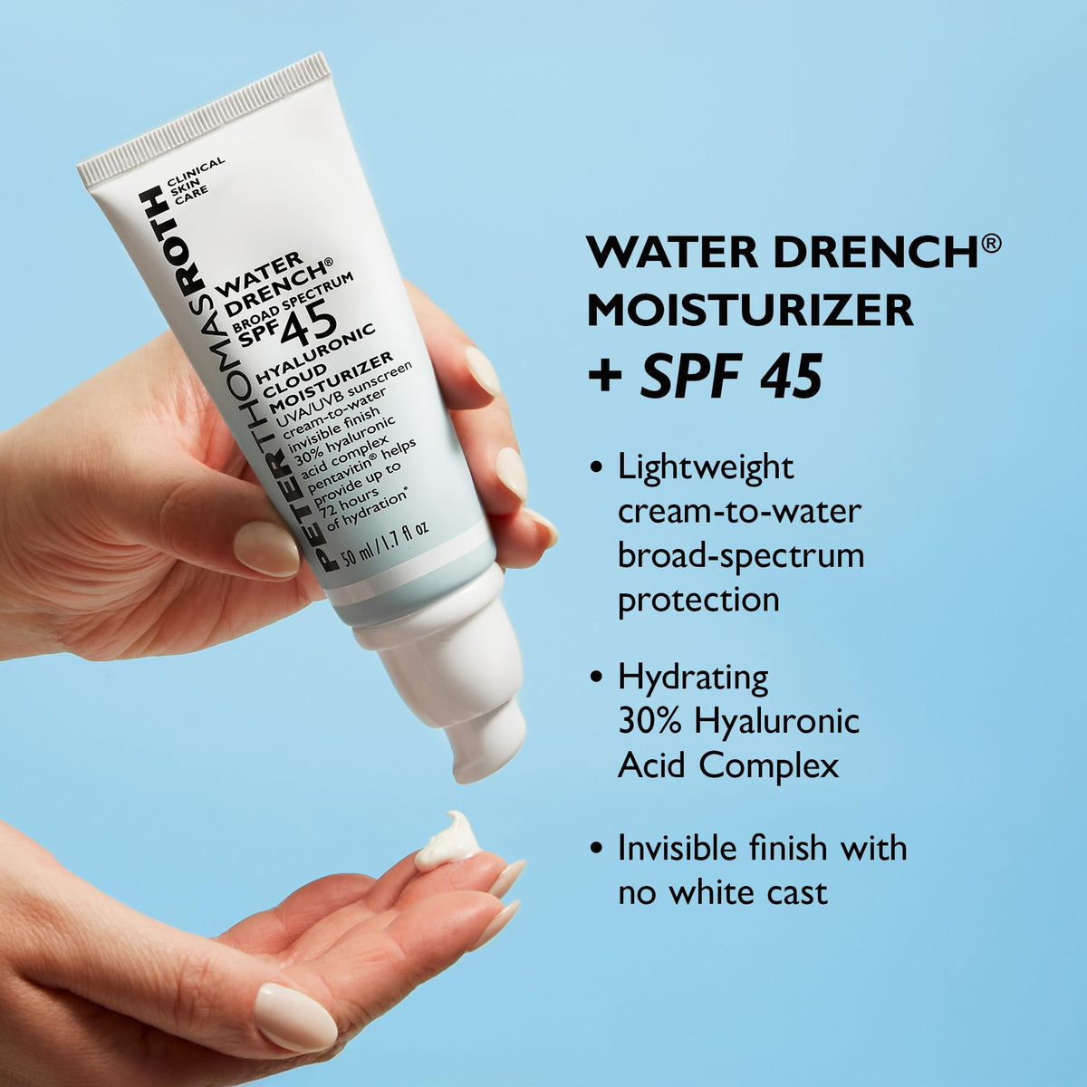 Peter Thomas Roth ingredient visual highlighting hyaluronic acid complex and hydration support