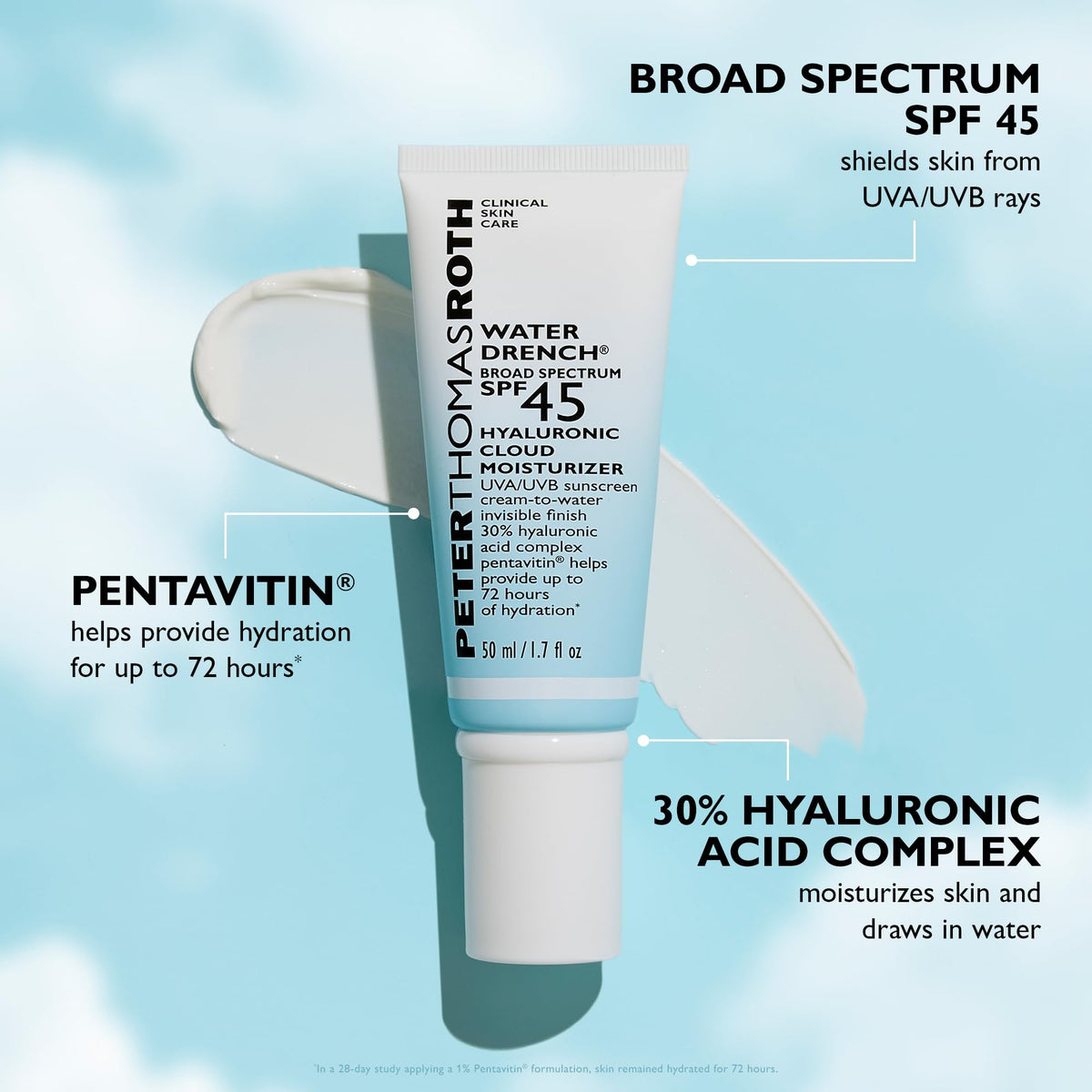 Peter Thomas Roth label close-up highlighting SPF 45, fragrance-free, oxybenzone-free