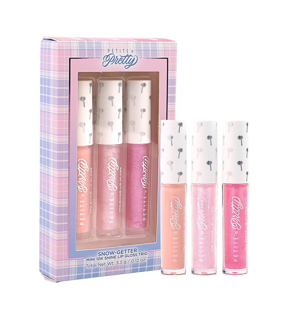 Petite 'N Pretty three glosses flatlay highlighting shade variety and sparkle