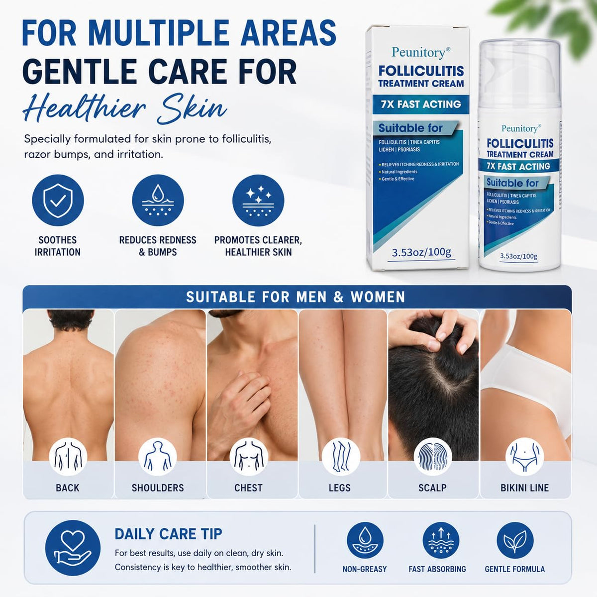 Peunitory applied to back illustrating effective coverage for body folliculitis