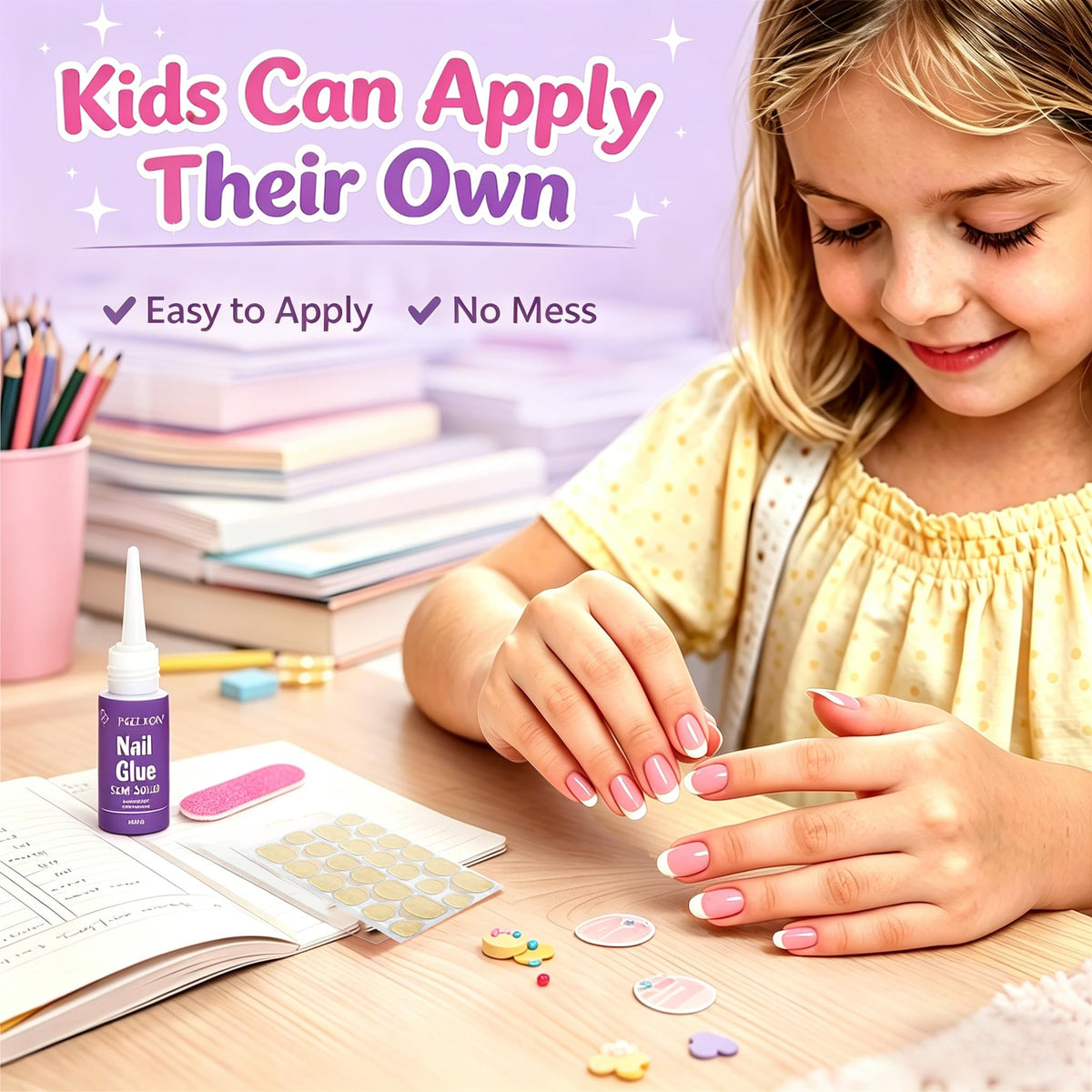 PGELXON close-up of white French tip and glossy finish showing neat, child-friendly style