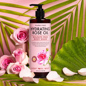 PHARM TO TABLE body wash in shower setting illustrating gentle cleanse