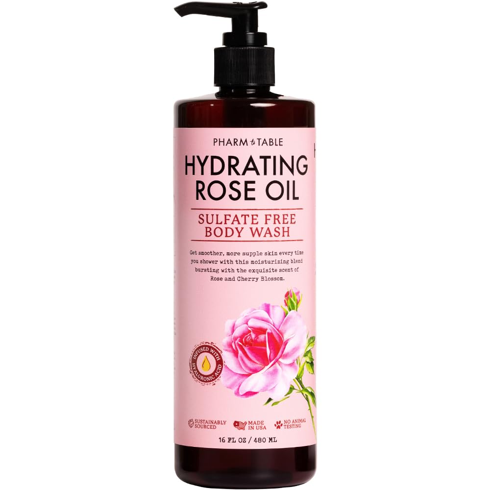 PHARM TO TABLE front bottle showing hydrating rose oil body wash benefits