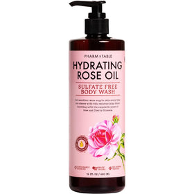 PHARM TO TABLE front bottle showing hydrating rose oil body wash benefits