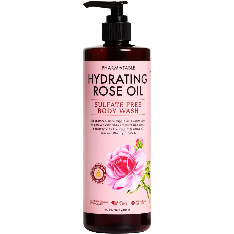 PHARM TO TABLE front bottle showing hydrating rose oil body wash benefits