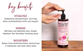 PHARM TO TABLE rose oil and botanicals imagery indicating nourishing formula