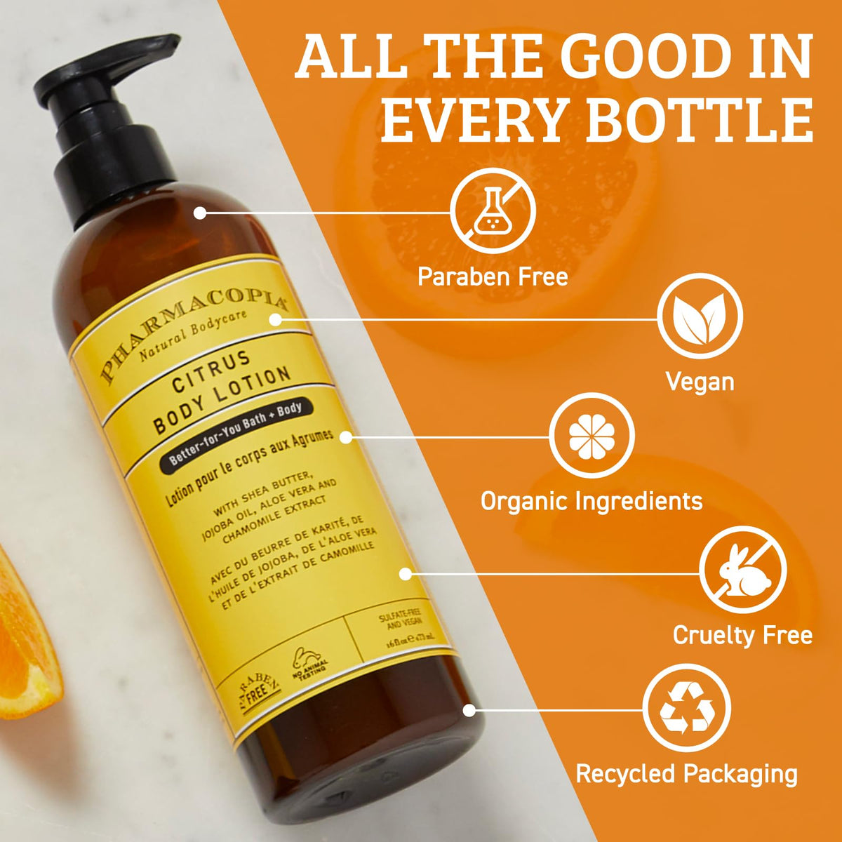 Pharmacopia ingredients display with shea, jojoba, aloe illustrating natural nourishment