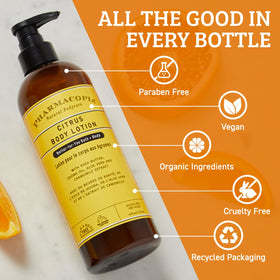 Pharmacopia ingredients display with shea, jojoba, aloe illustrating natural nourishment