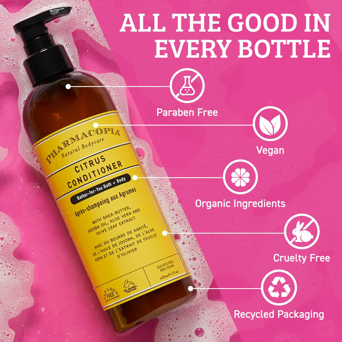 Pharmacopia conditioner applied in shower illustrating smooth detangling and rinseability