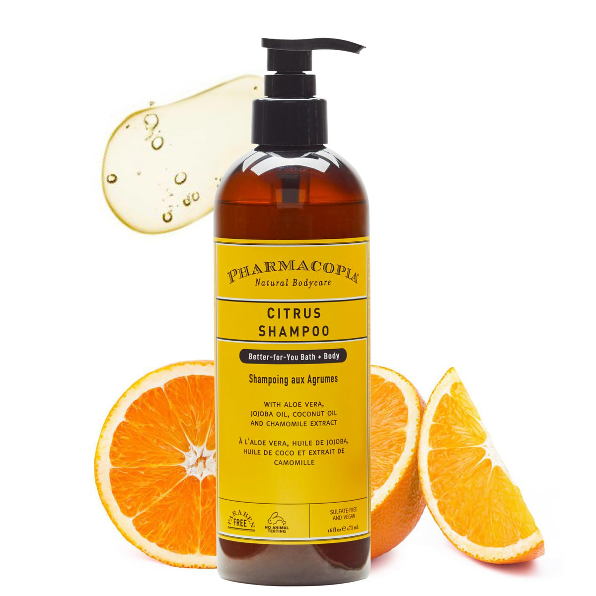 Pharmacopia front bottle view showing citrus shampoo and brand benefits