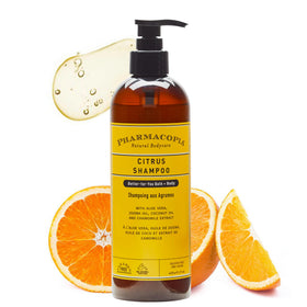Pharmacopia front bottle view showing citrus shampoo and brand benefits