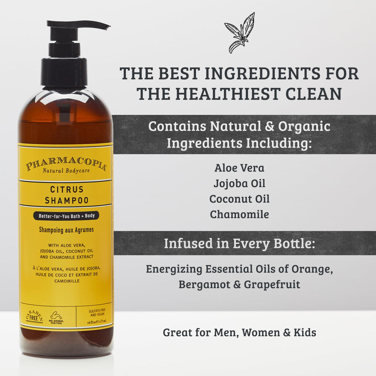 Pharmacopia ingredient display with aloe, jojoba, coconut for hydration