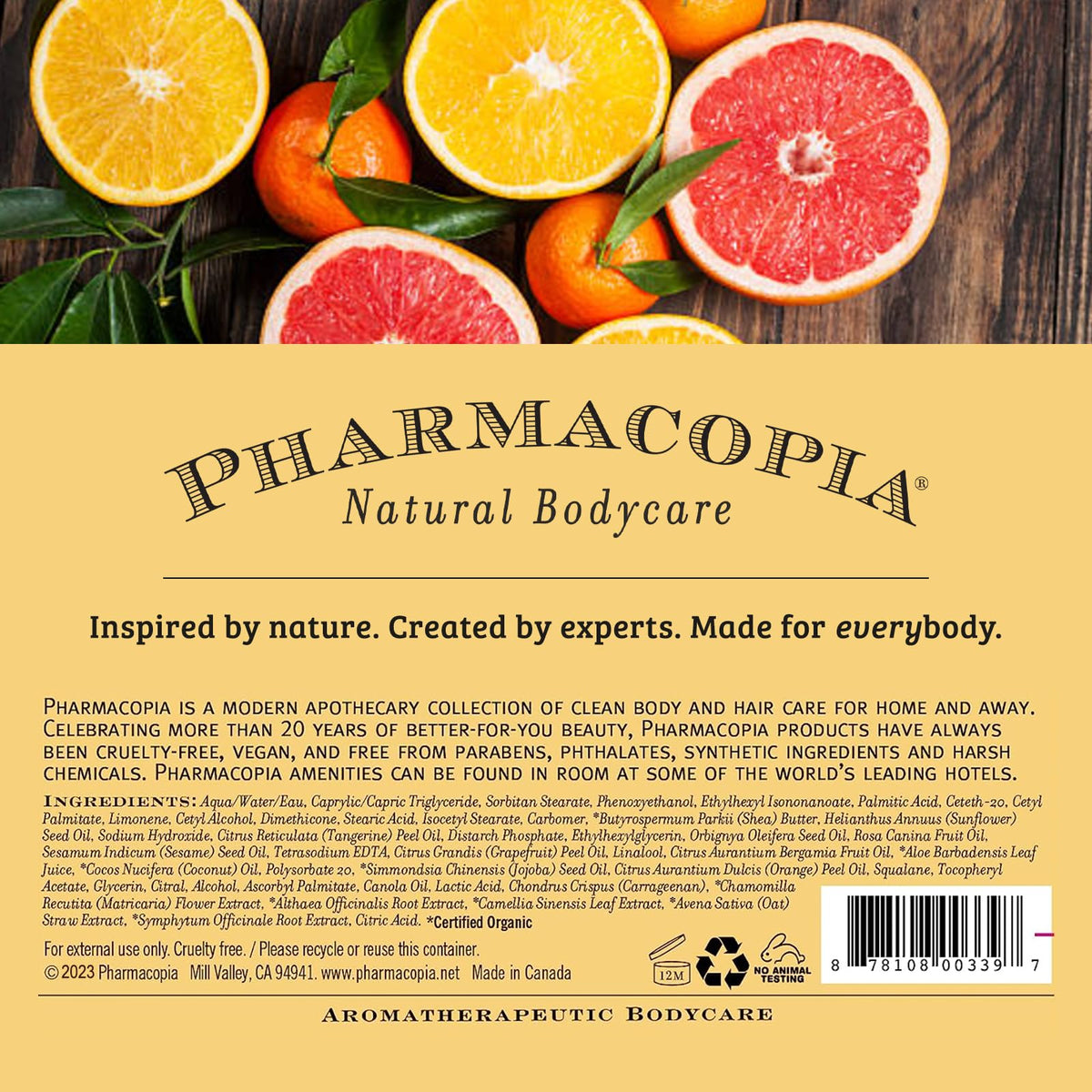 Pharmacopia recycled plastic bottle close-up highlighting eco packaging
