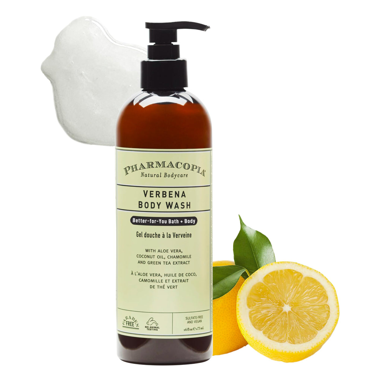 Pharmacopia bottle front view showing verbena label and clean citrus scent benefit