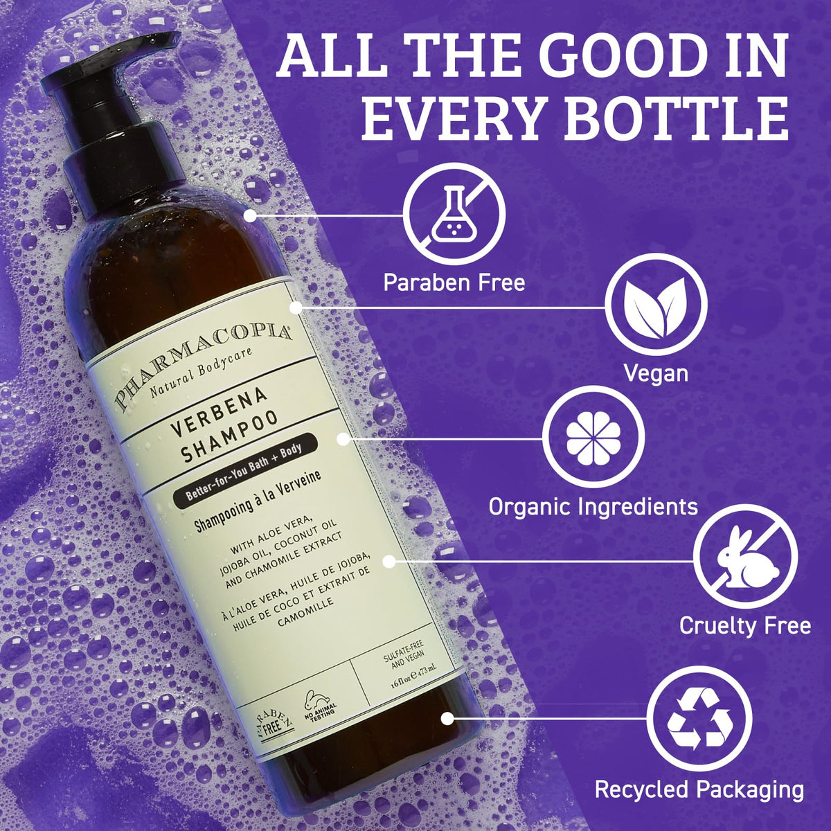 Pharmacopia verbena shampoo bottle held in hand to show real size and scale