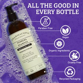 Pharmacopia verbena shampoo bottle held in hand to show real size and scale